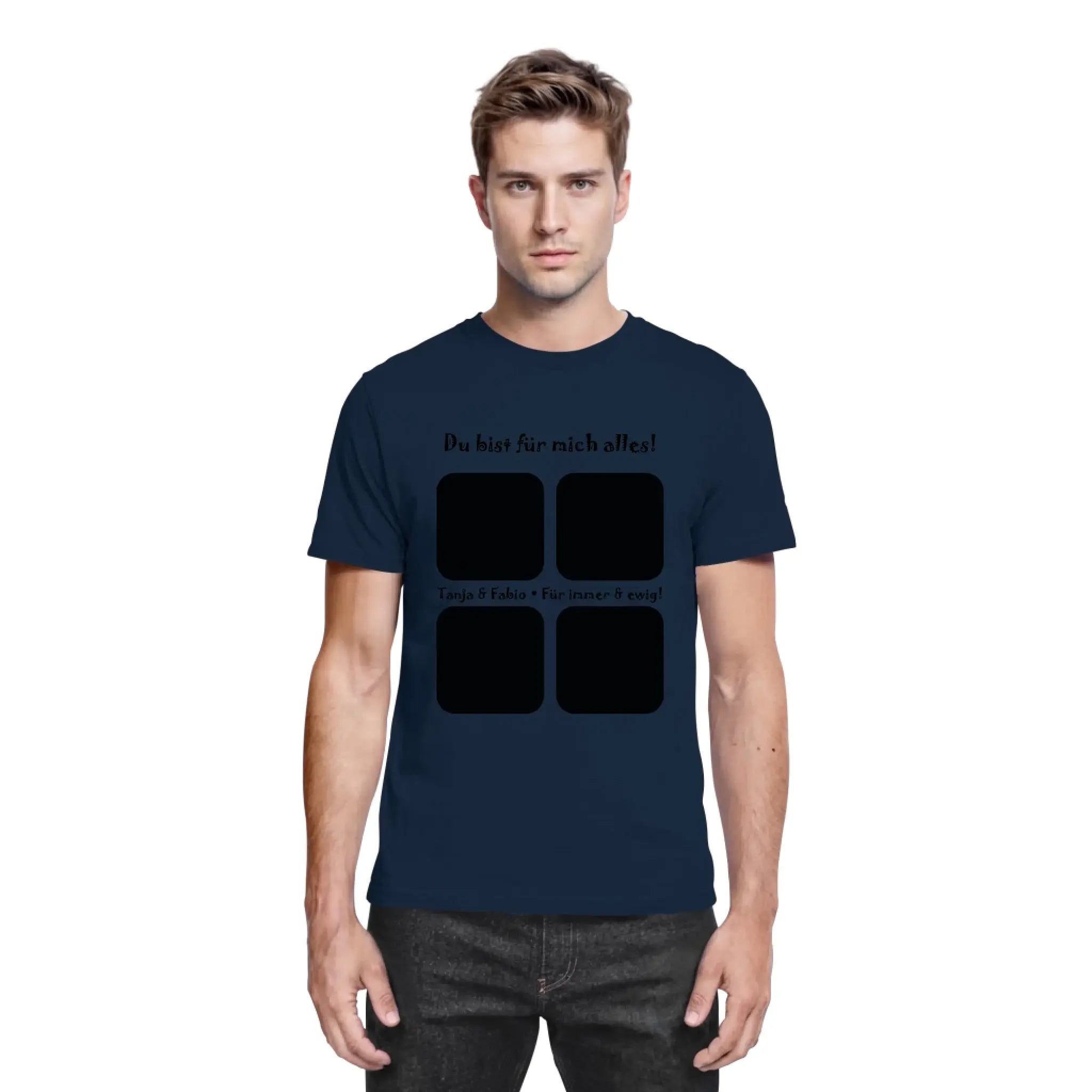 Dunkelblaues baumwollshirt mit schwarzem quadrat und deutschem statement text aus der statement collection