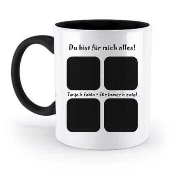 Weiße keramikmug mit schwarzem griff und innenraum, vier fotofächer und personalisiertem wunschtext