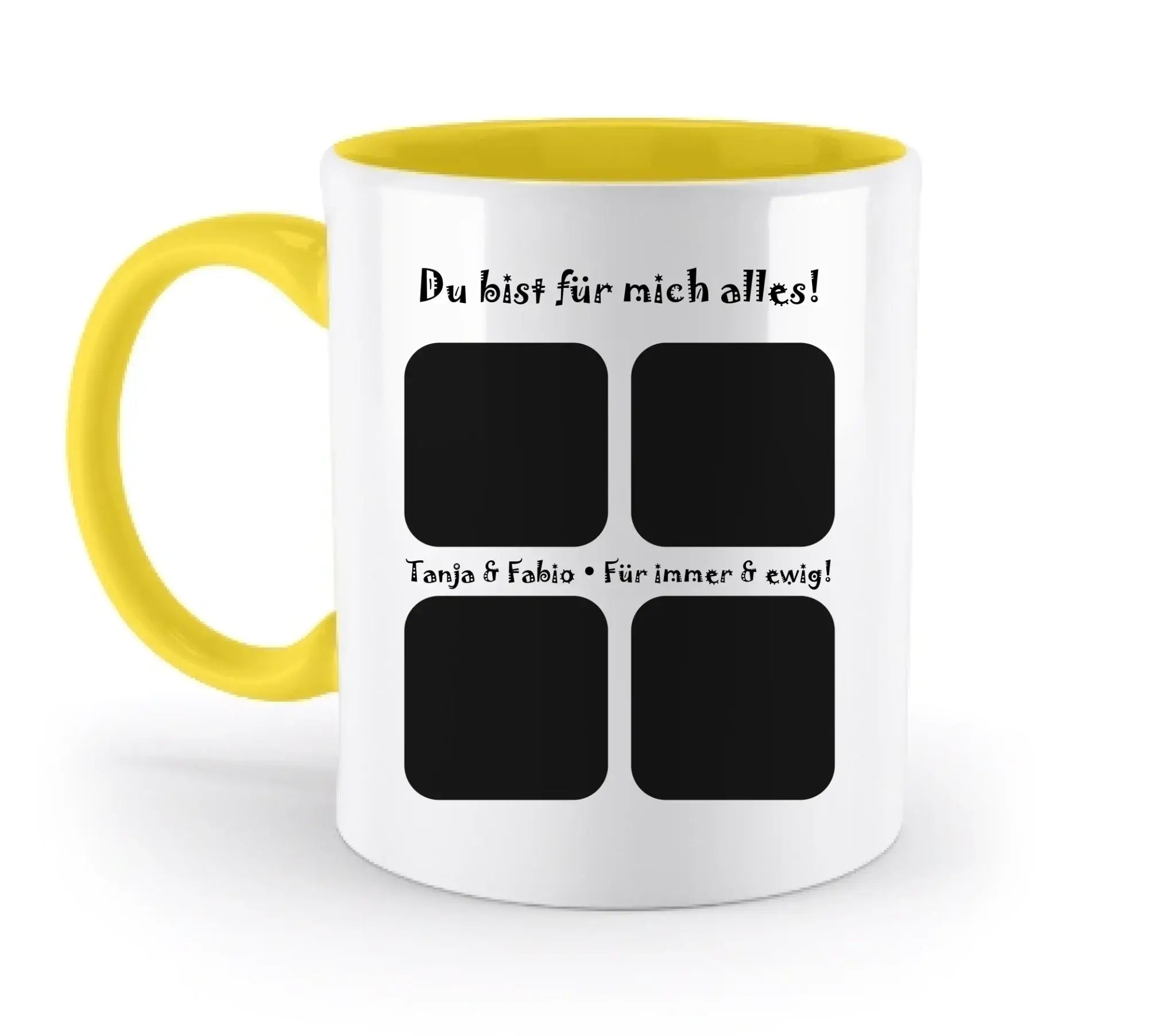 Weiße keramik tasse mit gelbem griff und innen, vier foto slots und text du bist für mich alles aus der statement collection