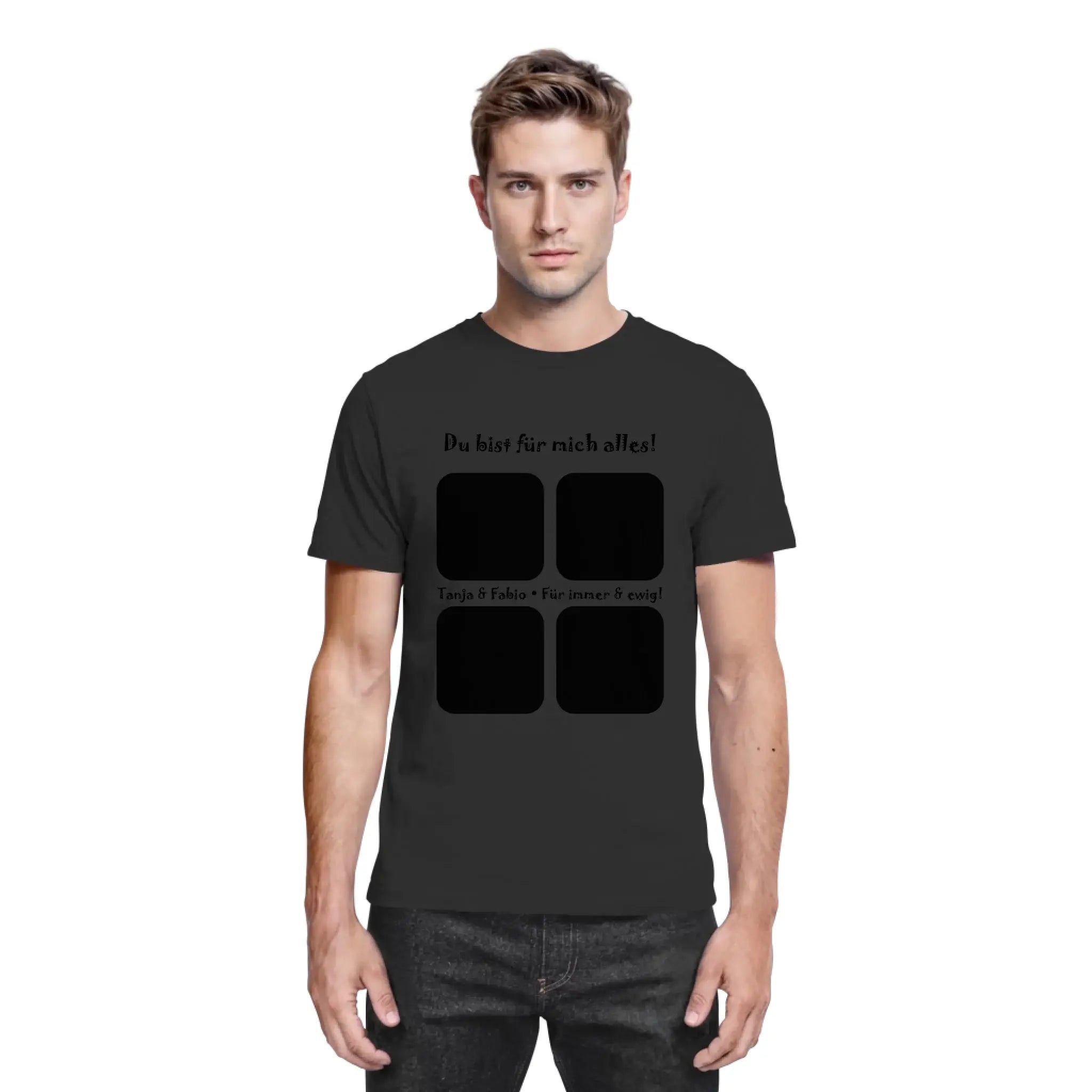 Schwarzes kurzarmshirt mit grafik aus vier schwarzen quadraten und deutschem text aus der statement-collection