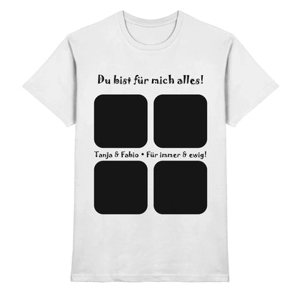 Weißes cotton t-shirt mit schwarzem text und vier quadratischen foto rahmen aus der statement collection