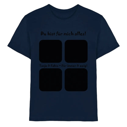 Navy blaues baumwoll t-shirt mit schwarzem text und vier quadratischen fotokästen aus der statement collection
