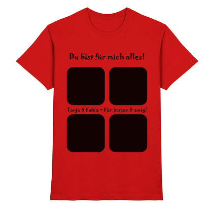 Rotes cotton t-shirt mit schwarzem text und vier quadratischen fotofeldern aus der statement-collection