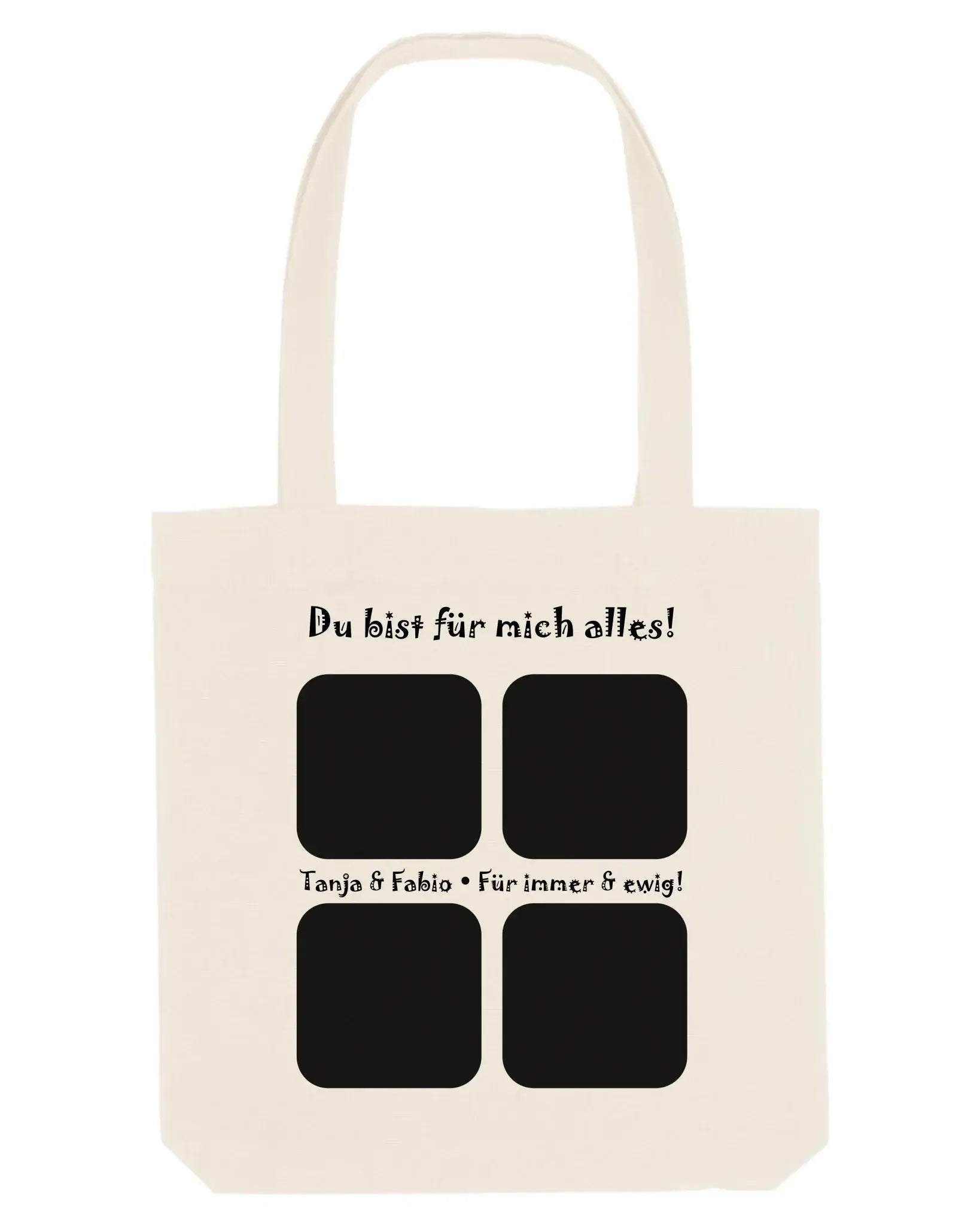 Creamfarbene canvas-tasche mit schwarzem text und vier quadratischen bilderrahmen aus der statement-collection