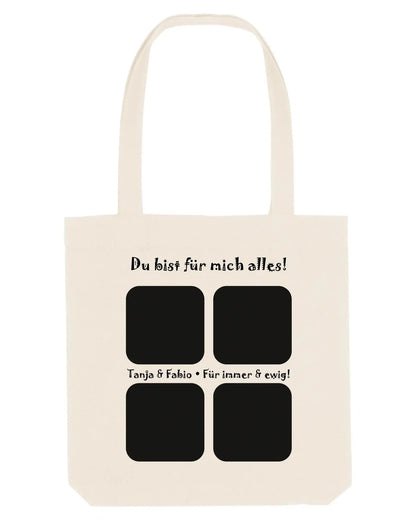Creamfarbene canvas-tasche mit schwarzem text und vier quadratischen bilderrahmen aus der statement-collection