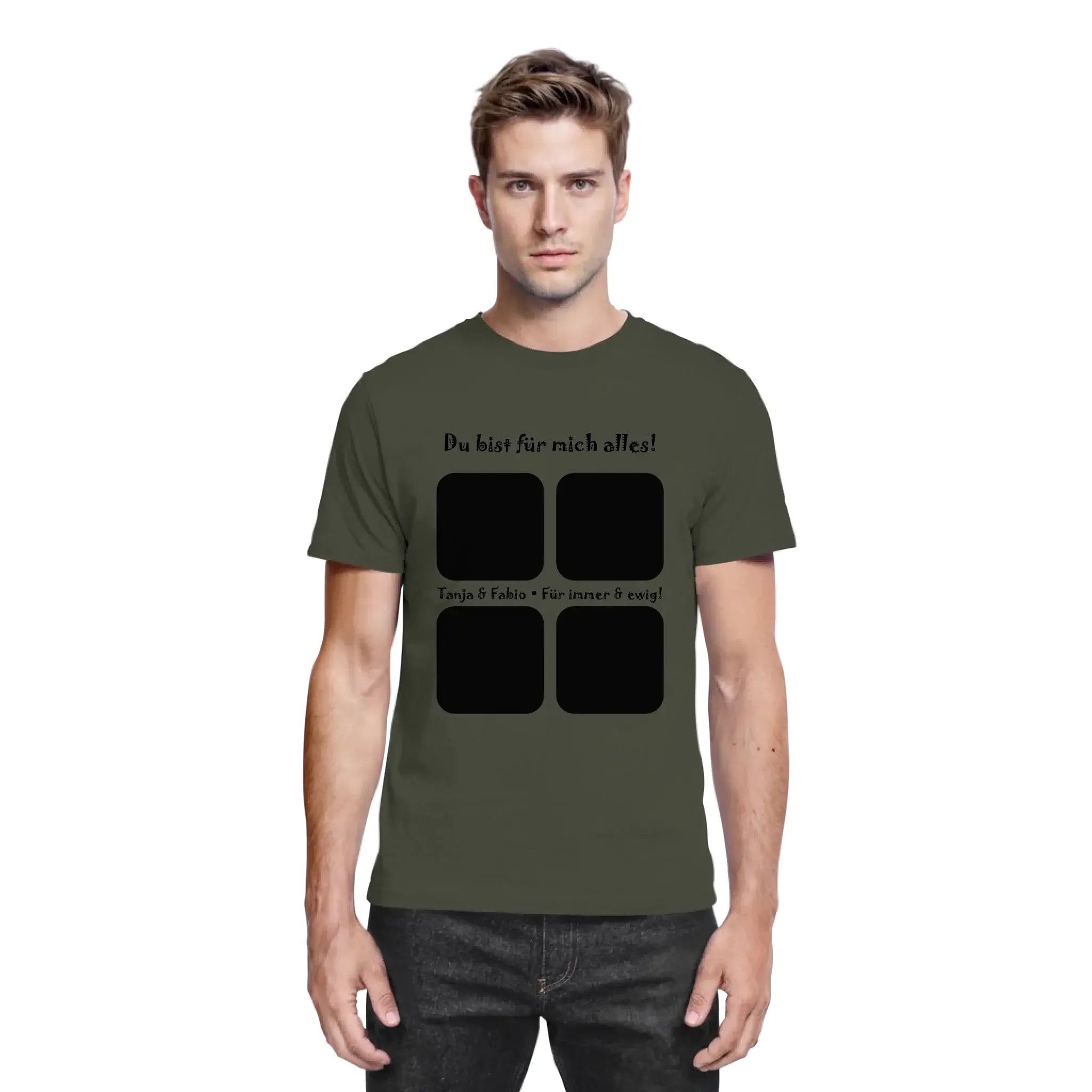 Olivegrünes baumwollshirt mit schwarzem text und vier quadratischen patches vorne aus der statement collection