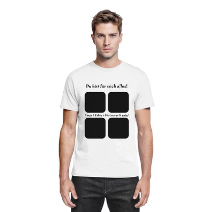 Weiße baumwoll t shirt mit schwarzem print und vier quadratischen platzhaltern aus der statement collection