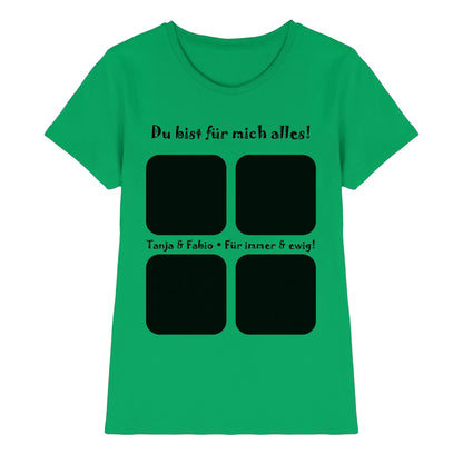 Vibrantes grünes damen t shirt mit kurzen ärmeln und vier quadratischen fotos für die statement collection