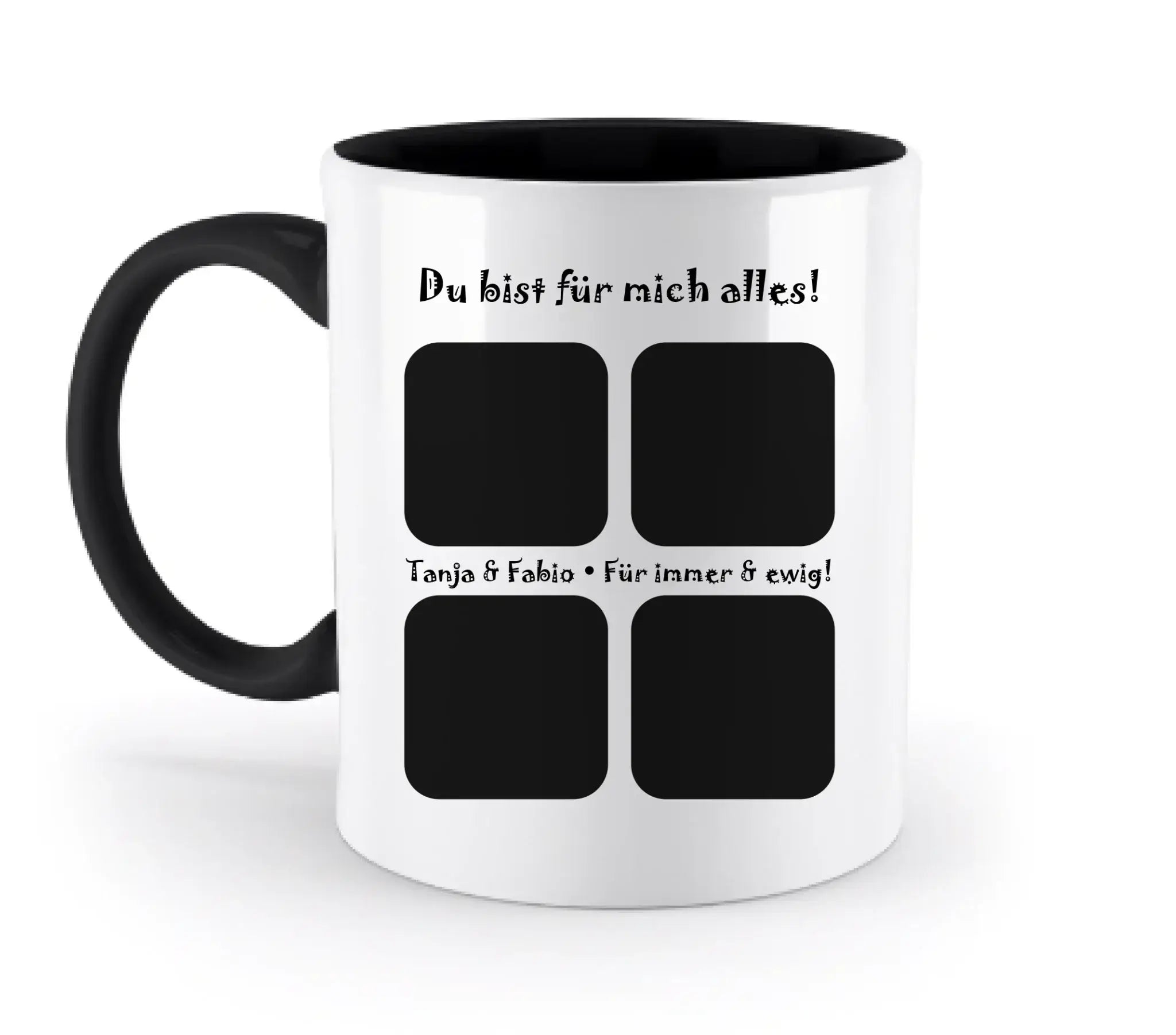 Weiße keramiktasse mit schwarzem griff und innenraum, vier fotofelder und personalisiertem wunschtext