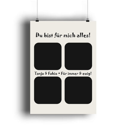 Creamfarbener bilderrahmen mit vier quadratischen ausschnitten und schwarzem text aus der statement collection