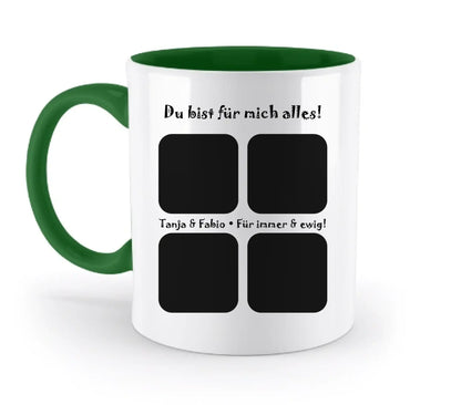 Weiße keramiktasse mit grünem griff und innenfarbe schwarz gedruckter text und vier quadratische fotoplatzhhalter aus der statement-collection