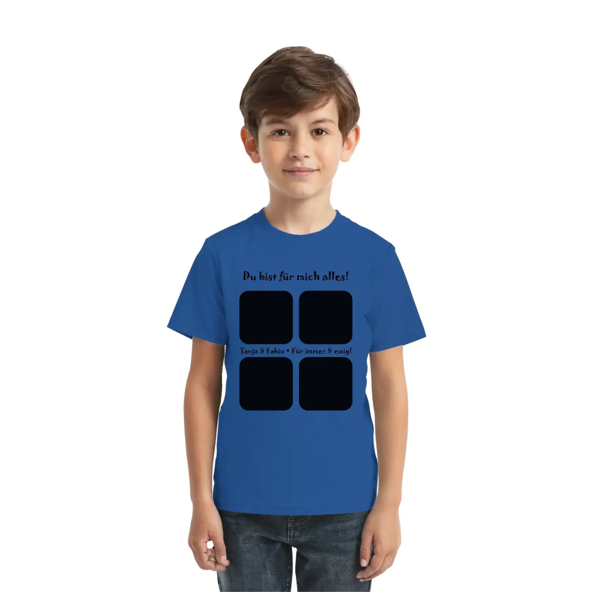 Blaues kinder t shirt mit schwarzem quadrat grafik und deutschem text aus der statement collection