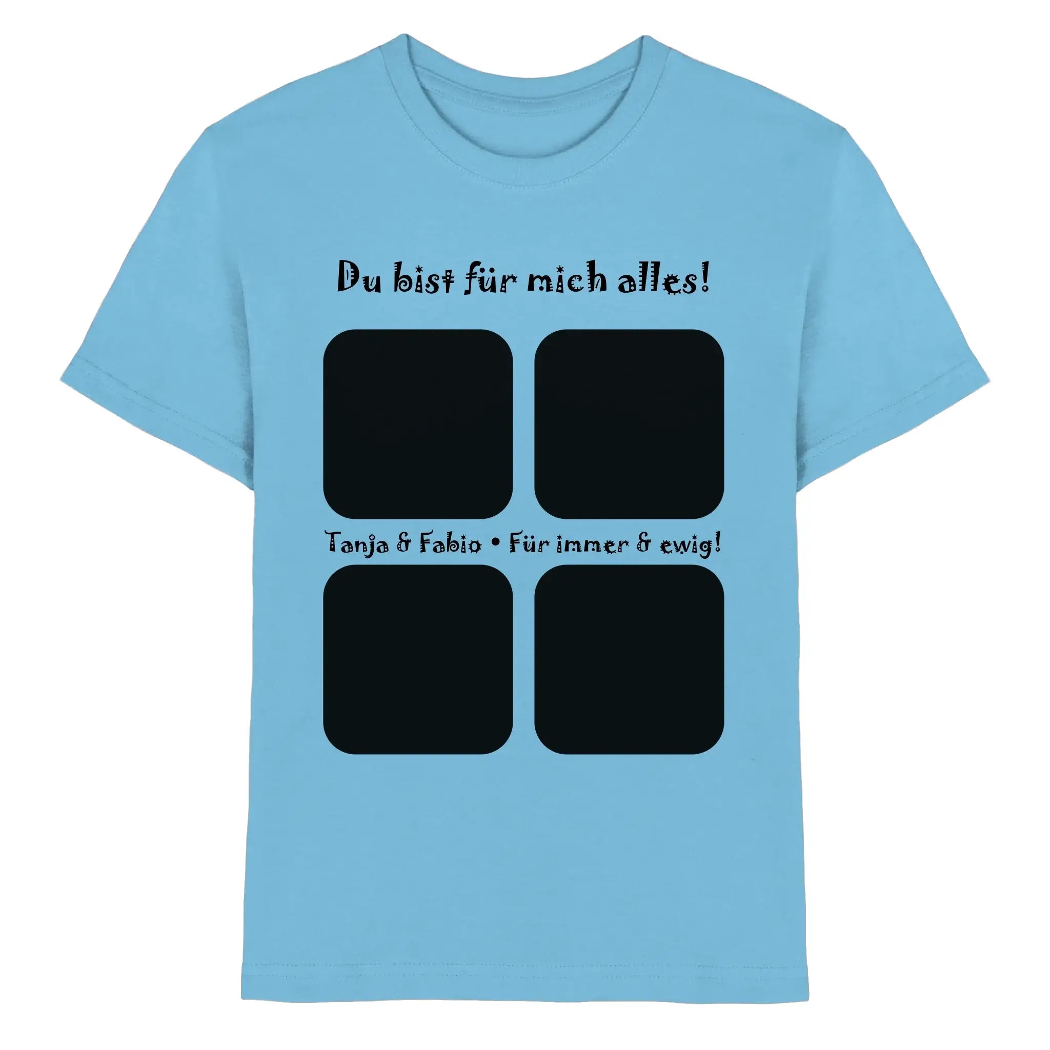 Hellblaues baumwollshirt mit schwarzem statement-print und 4 quadratischen foto-rahmen aus der statement-collection