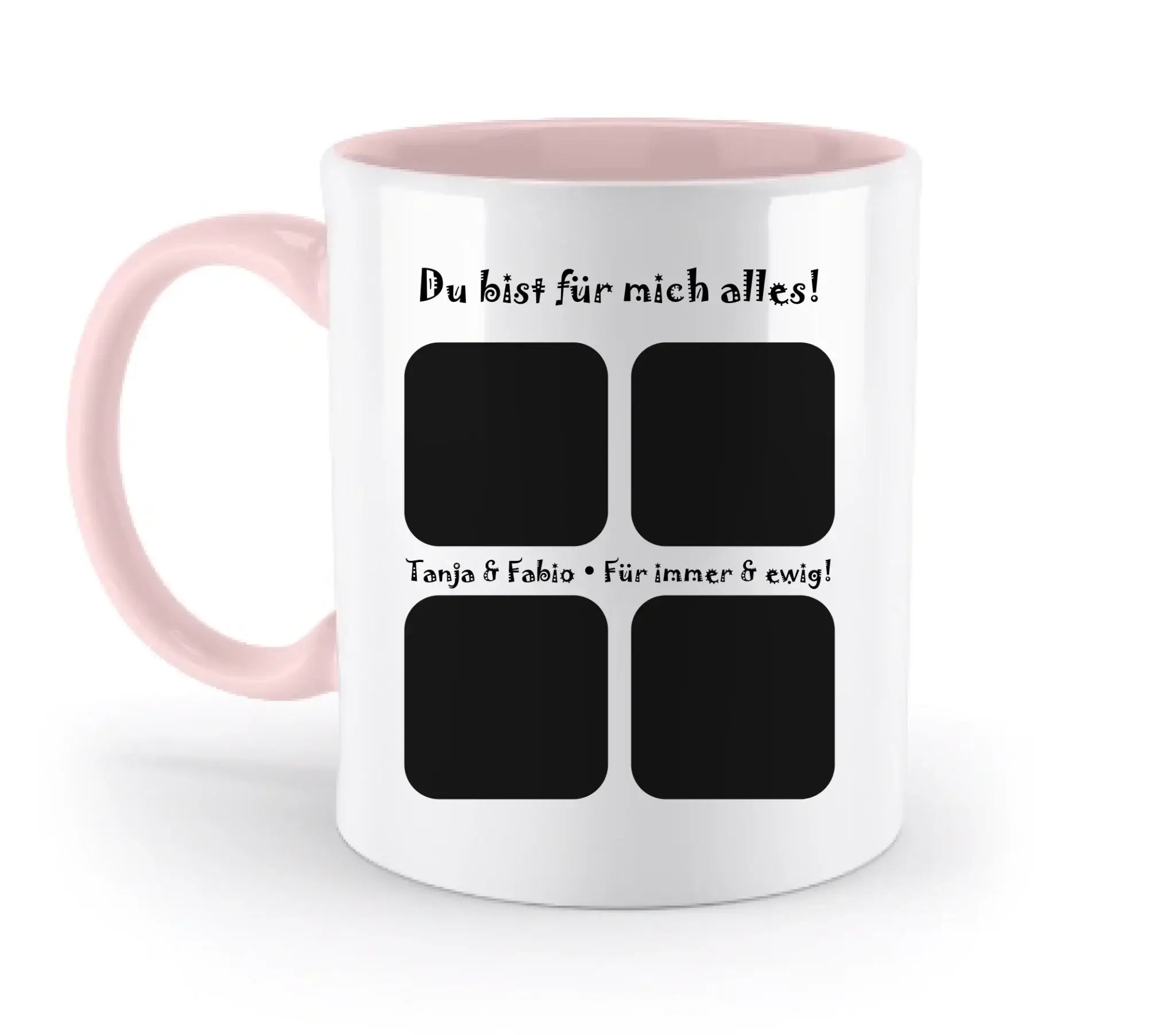 Weißer keramikbecher mit rosa griff und innenfarbe, vier schwarzen fotoslots und text du bist für mich alles aus statement collection
