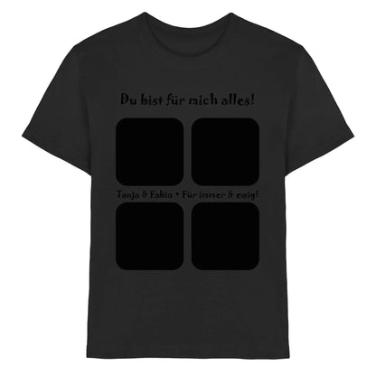 Schwarzes baumwollshirt mit 4er collage grafik und deutschem text aus der statement collection mit wunschtext