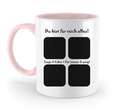 Weiße keramikmug mit pinkem griff und innenseite zeigt 4 schwarze quadratische fotofelder aus der statement-collection
