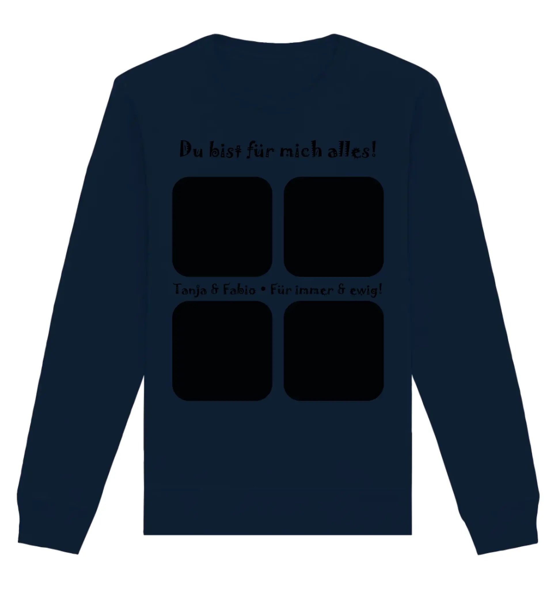 Navyblaues langarmshirt mit schwarzem text und vier quadratischen fotocollagen auf der rückseite aus der statement-kollektion