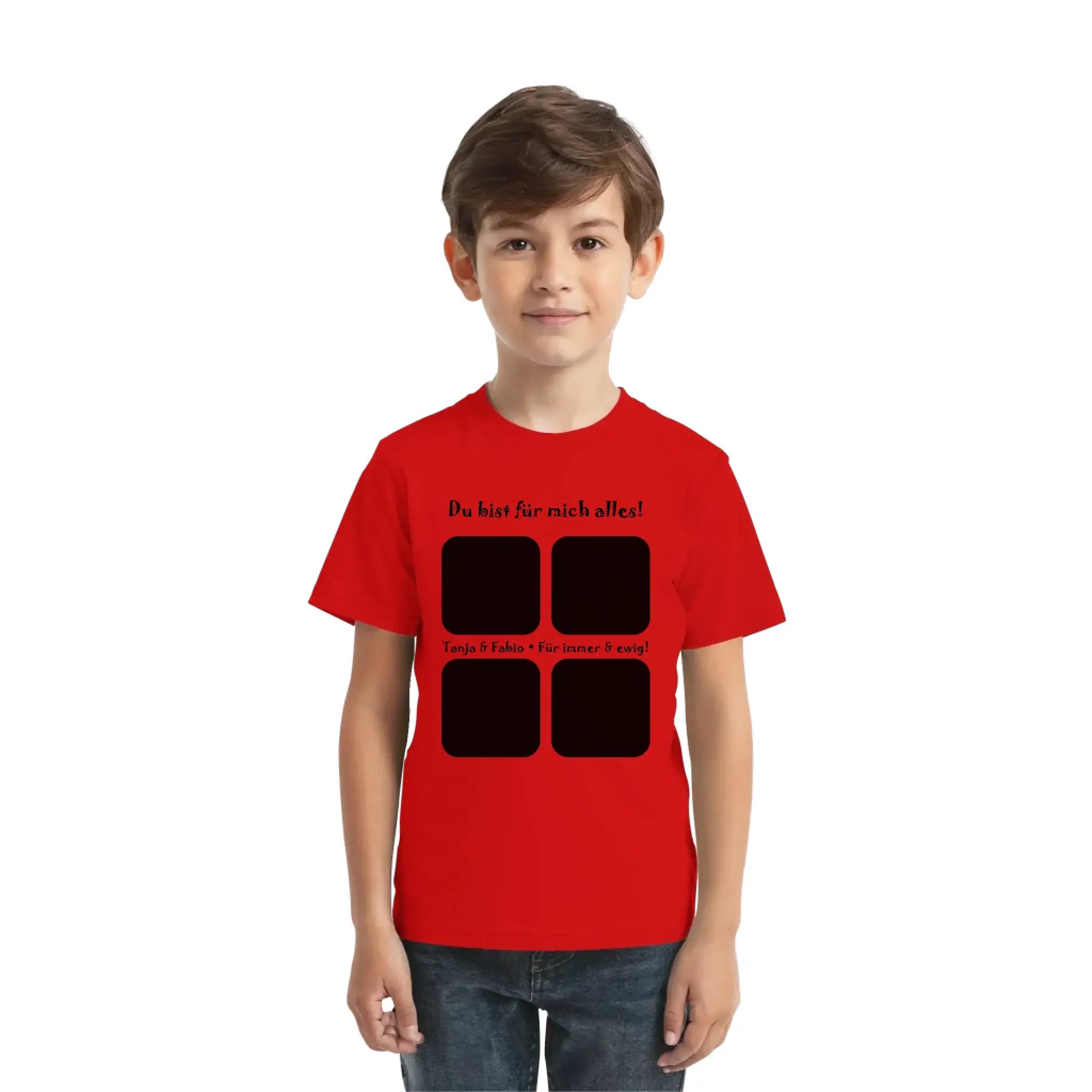 Rote kurzarm t shirt mit schwarzem quadratischem grafik und text auf der brust aus der statement collection
