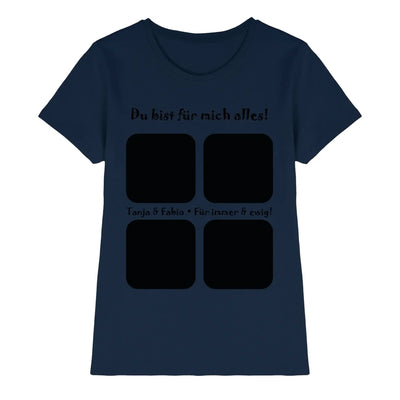 Marine blaues kurzarmshirt mit schwarzem text und vier quadratischen fotografien aus der statement collection