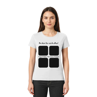 Weiße damen t-shirt mit schwarzem text und vier quadratischen foto platzhaltern aus der statement collection