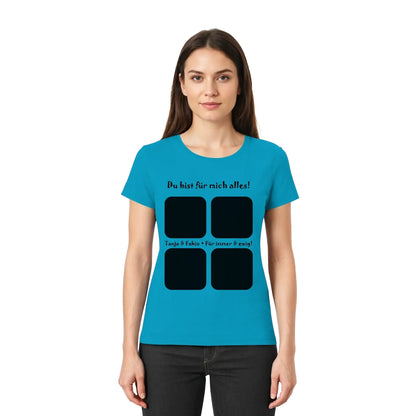 Teal damen eng geschnittenes t shirt mit schwarzem text und vier quadratischen bilderrahmen vorne aus der statement collection