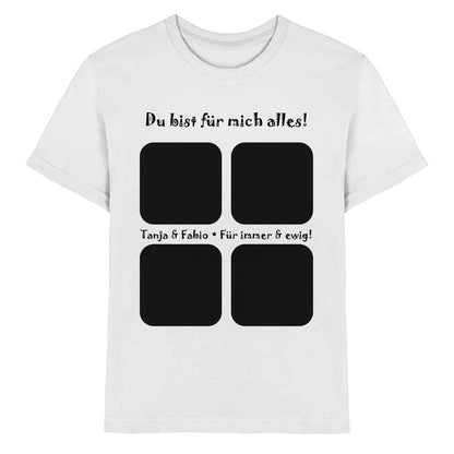Weißes baumwoll t shirt mit schwarzem statement text und vier quadratischen fotoframe kollagen drauf