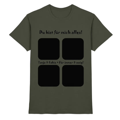 Olivegrünes baumwoll t-shirt mit schwarzem text und vier quadratischen fotoframe prints aus der statement-collection
