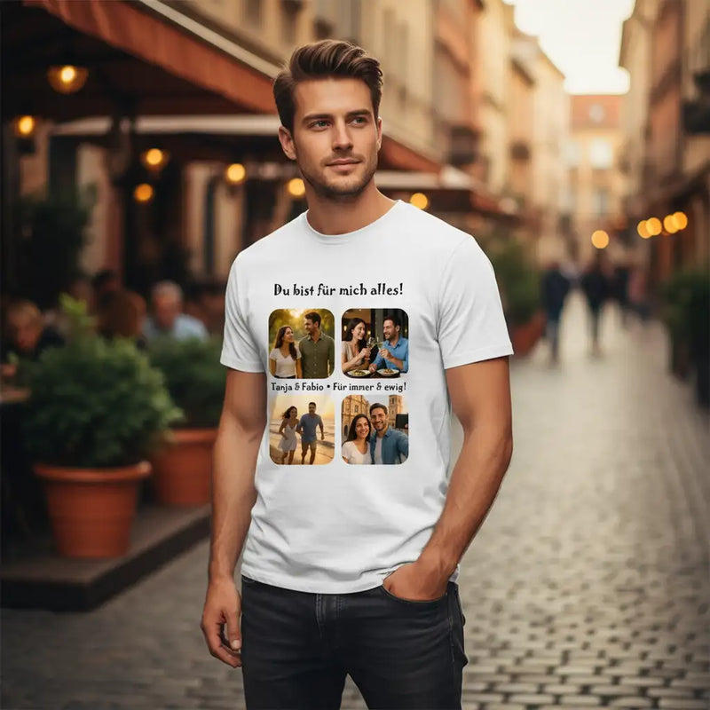 Weißes Baumwoll-T-Shirt mit einem individuellen Druck mit vier Fotos und deutschem Text.