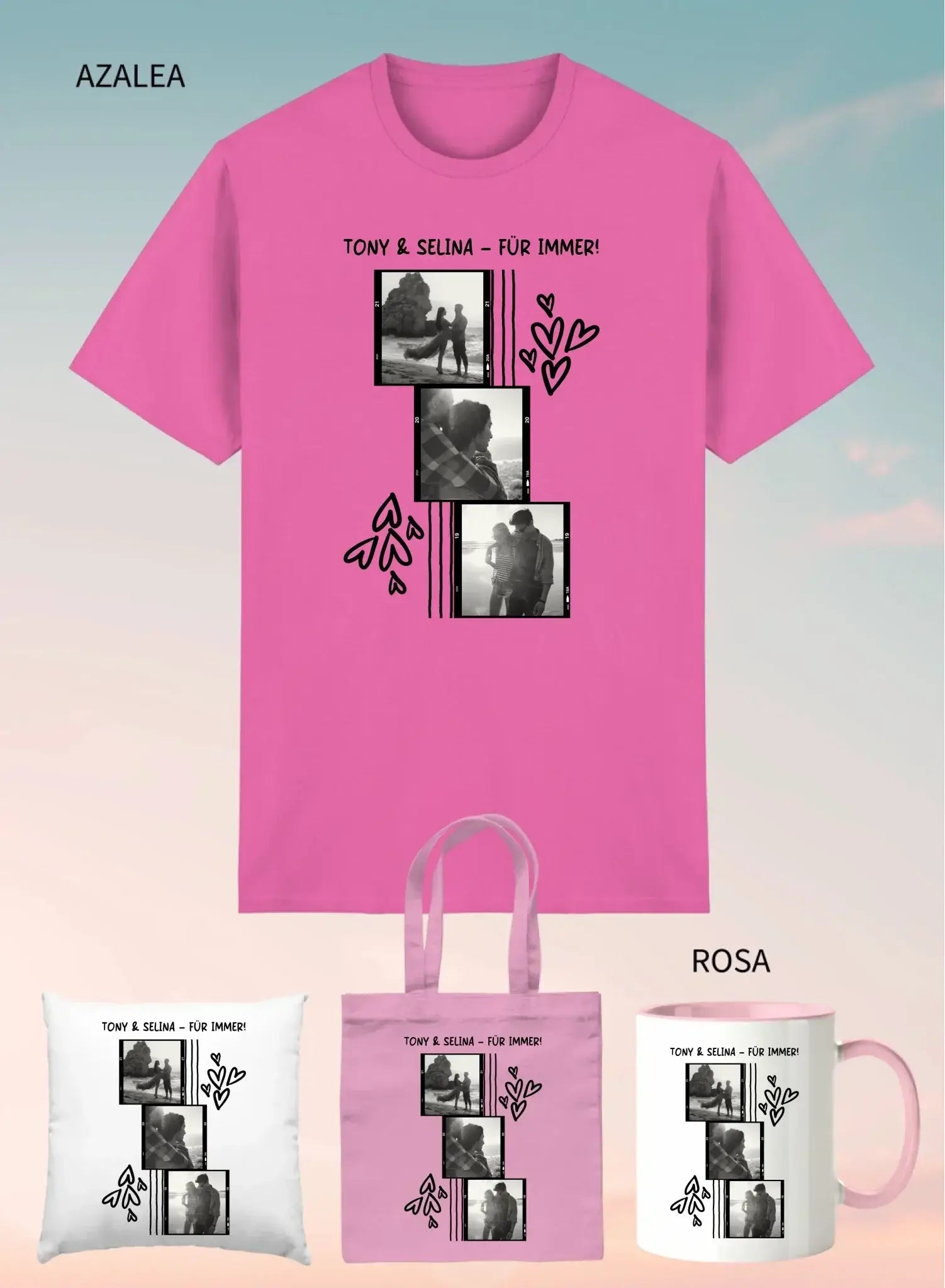 Pink unisex kurzarm t shirt mit personalisierbarem schwarz weiß foto collage design und herzen im 4er geschenkset