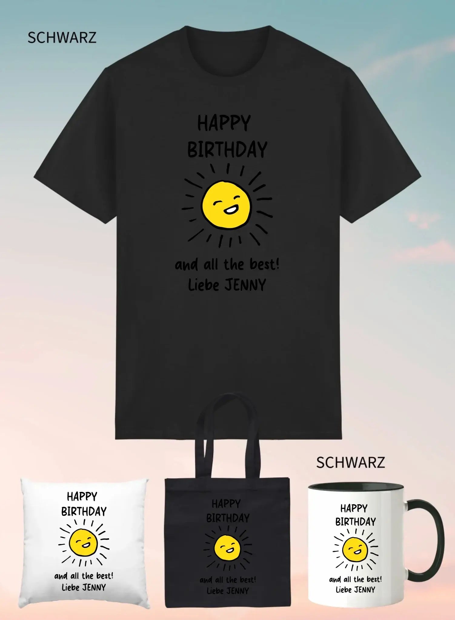 Schwarzes unisex kurzarmshirt mit fröhlicher gelber sonne und happy birthday text im 4er geschenkset