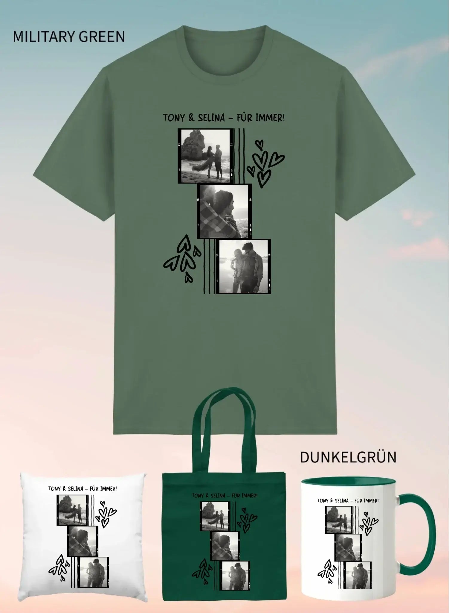 Militärgrünes unisex kurzarmshirt mit schwarz-weiß fotocollage von zwei personen und herzmotiven für 4er geschenkset
