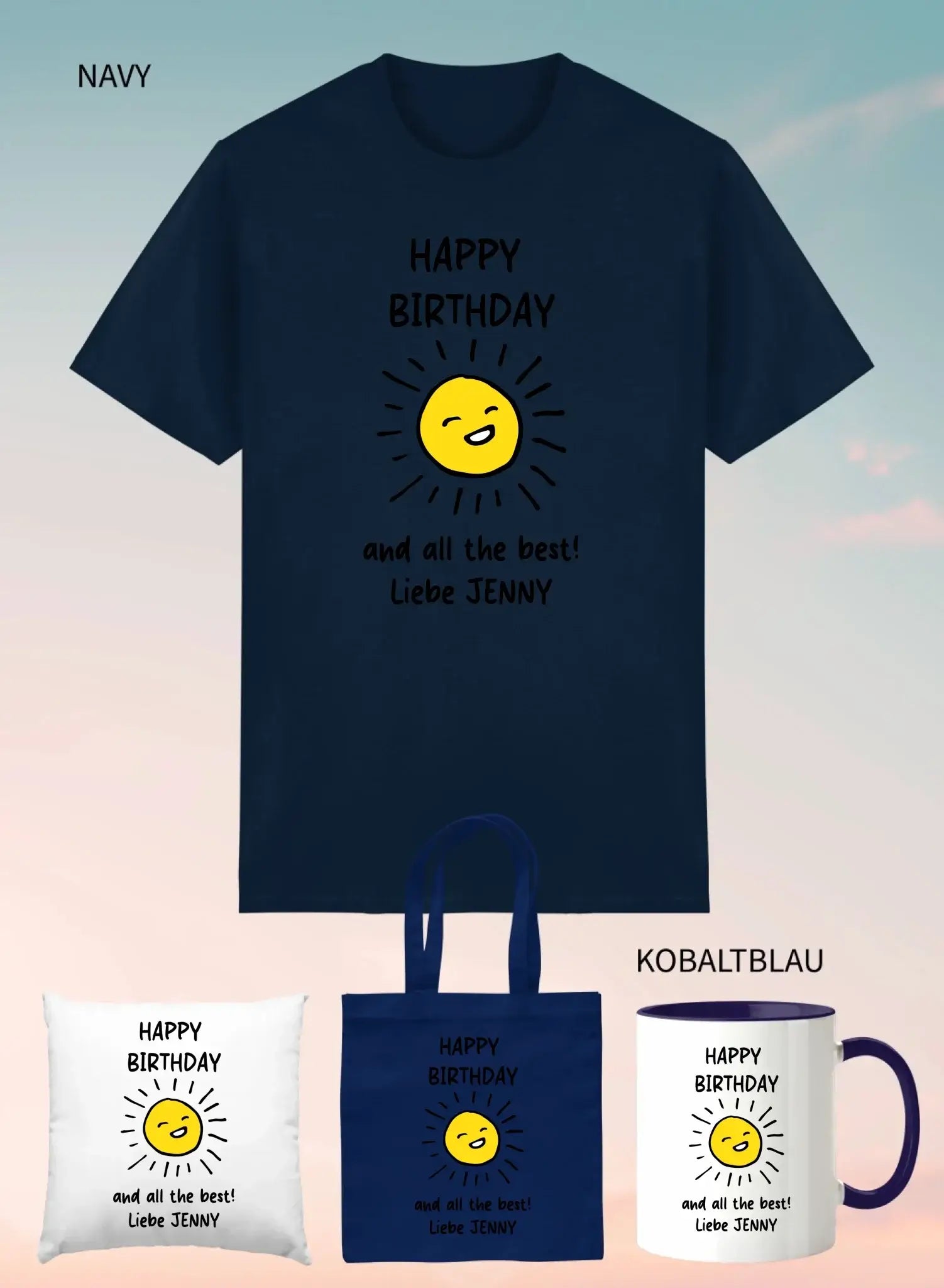 Marine blaues unisex t shirt mit kurzer ärmeln und fröhlicher gelber sonne happy birthday und liebe jenny text