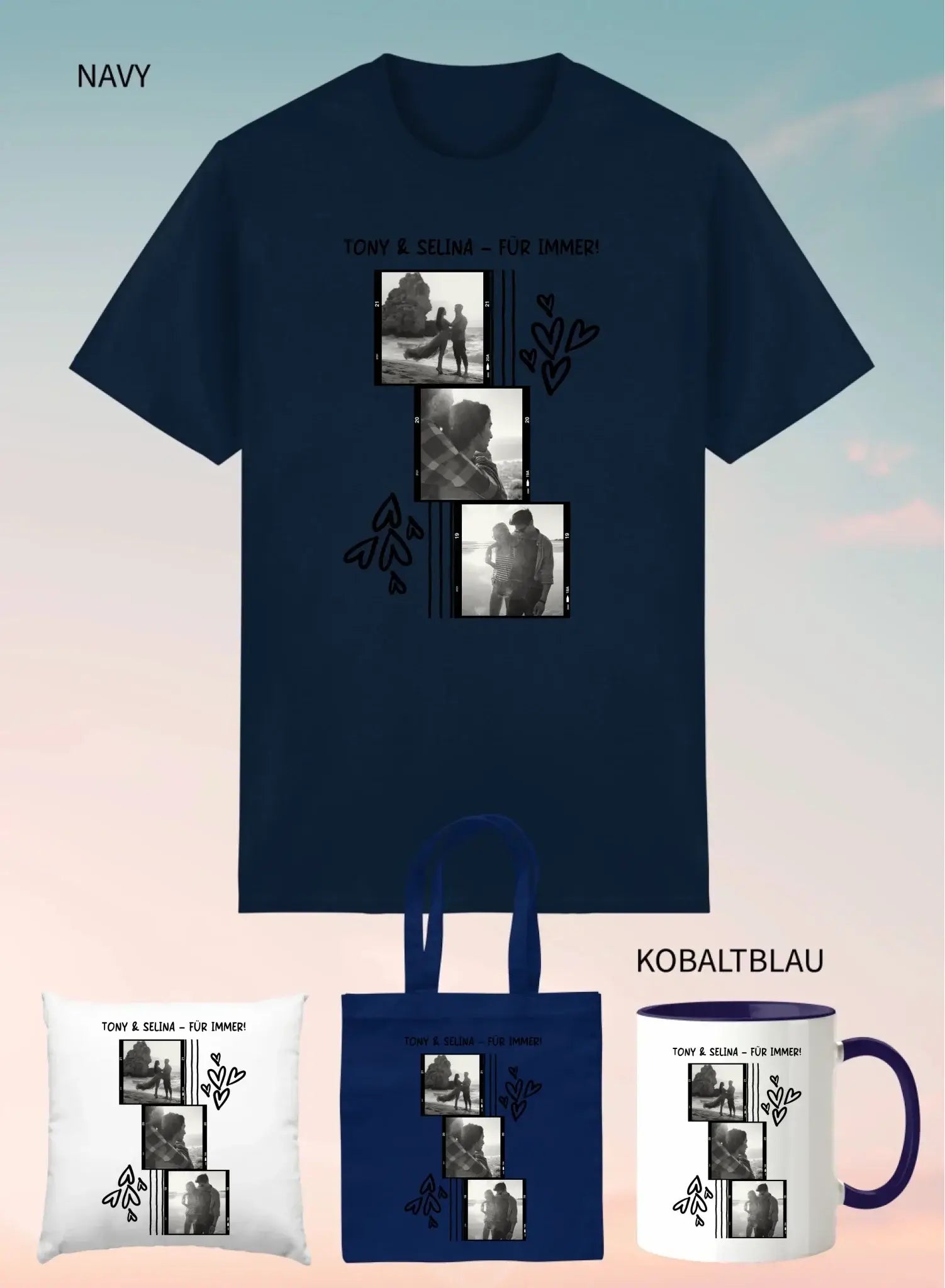 Marine blaues unisex kurzarmshirt mit schwarz weiß fotocollage von tony und selina und herzmotive im 4er geschenkset