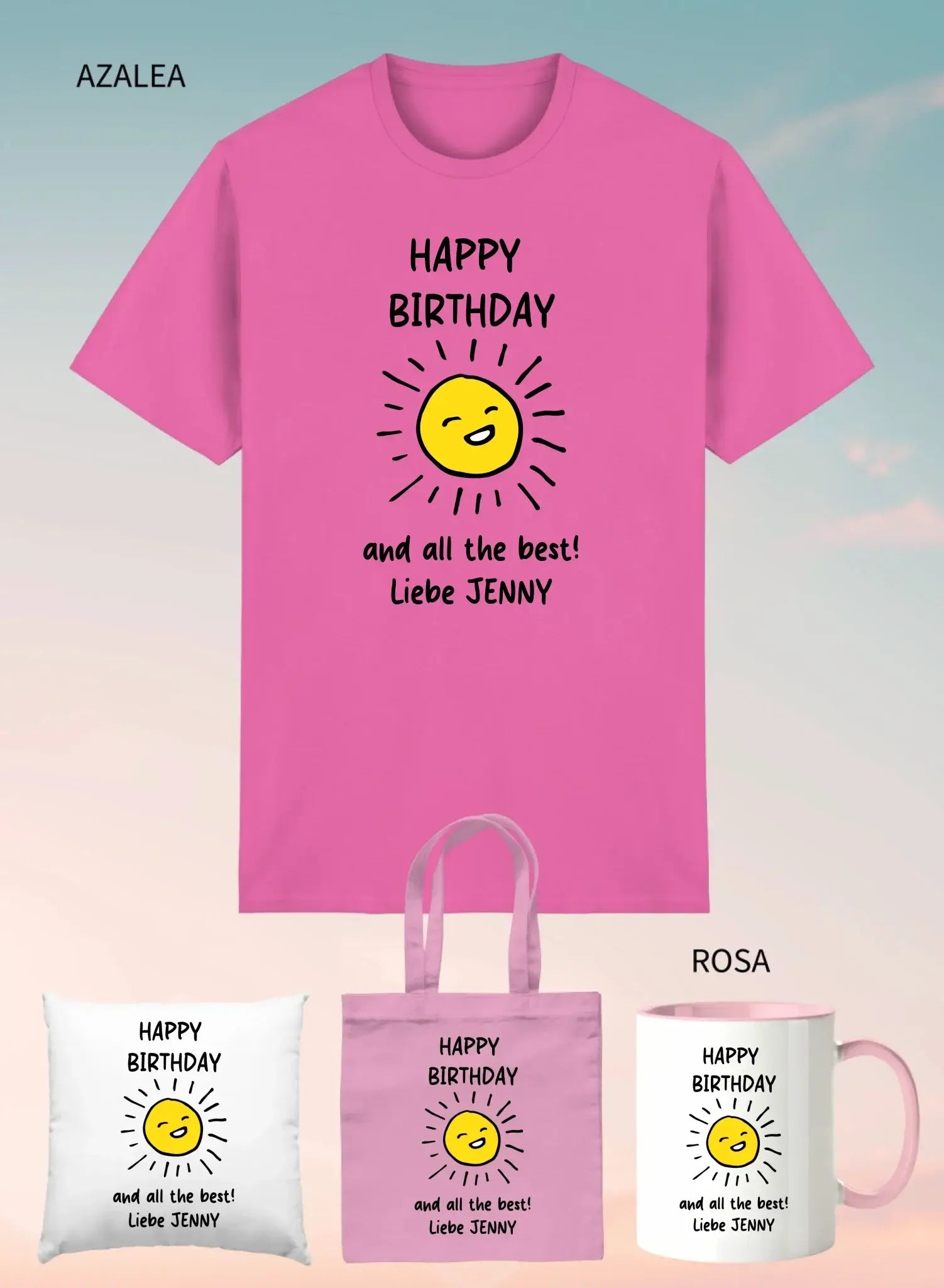 Pink unisex kurzarm t-shirt mit fröhlicher gelber sonne und happy birthday text im 4er geschenkset