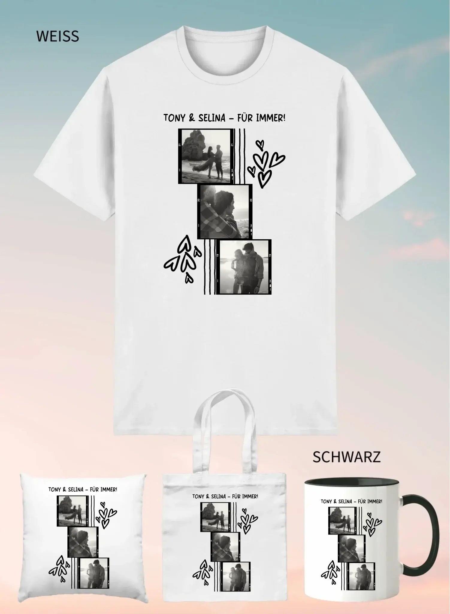 Weißes cotton unisex t-shirt mit schwarzweiß fotocollage von zwei personen, herzen und text tony & selina für immer