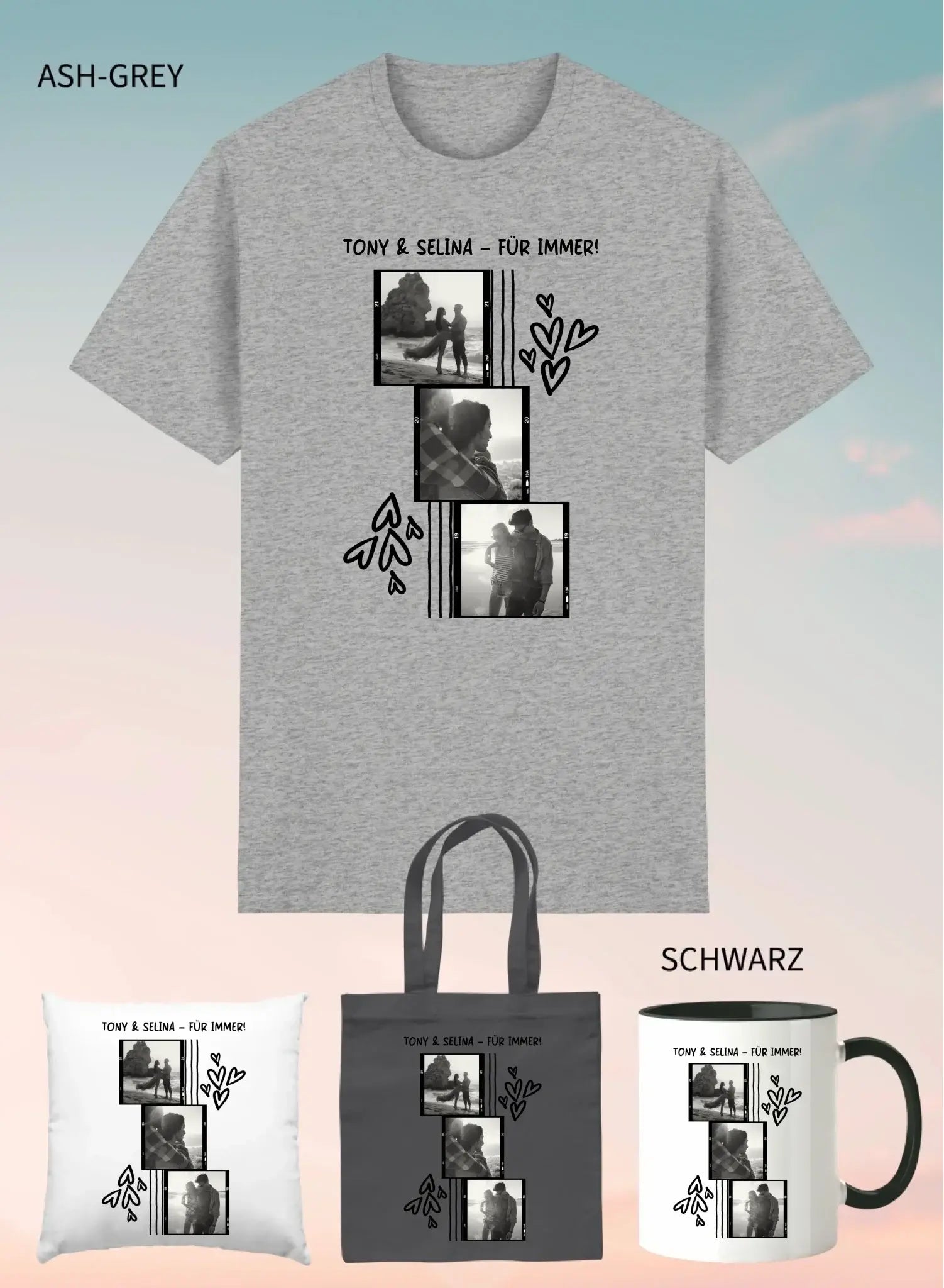 Ashgrey unisex kurzarm t shirt mit schwarzweiß fotocollage von zwei personen und text tony & selina für immer