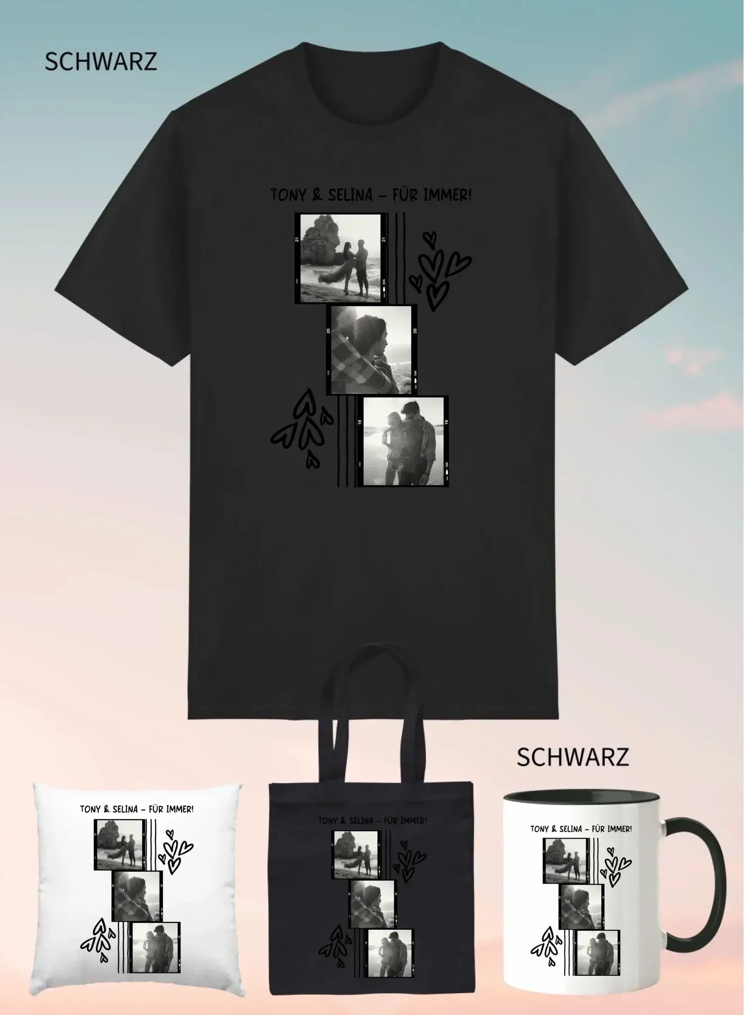Schwarzes unisex kurzarm tshirt mit persönlichem fotocollage motiv tony & selina für immer im 4er geschenkset