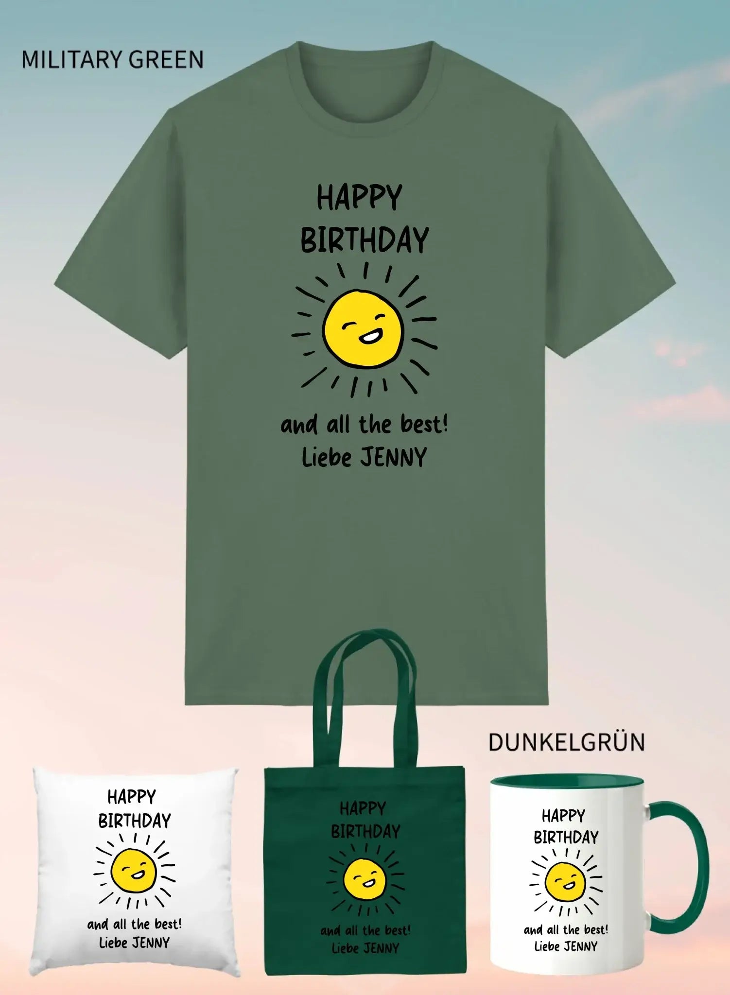 Militärgrünes kurzarmshirt mit fröhlicher gelber sonnengrafik und text happy birthday und liebe jenny im 4er geschenkset