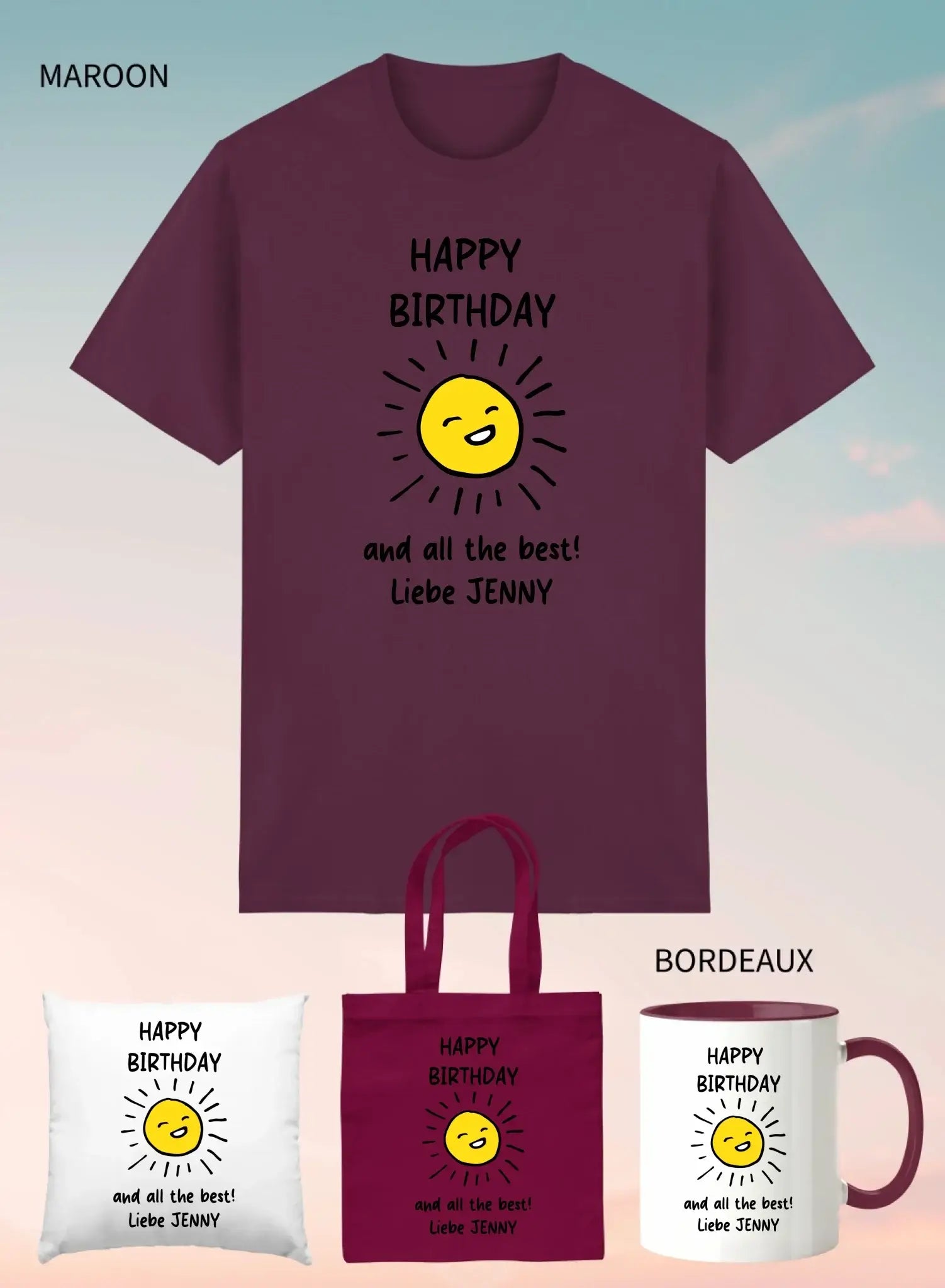Maroon unisex t-shirt mit fröhlicher gelber sonnengrafik und schwarzem happy birthday text aus dem 4er geschenkset