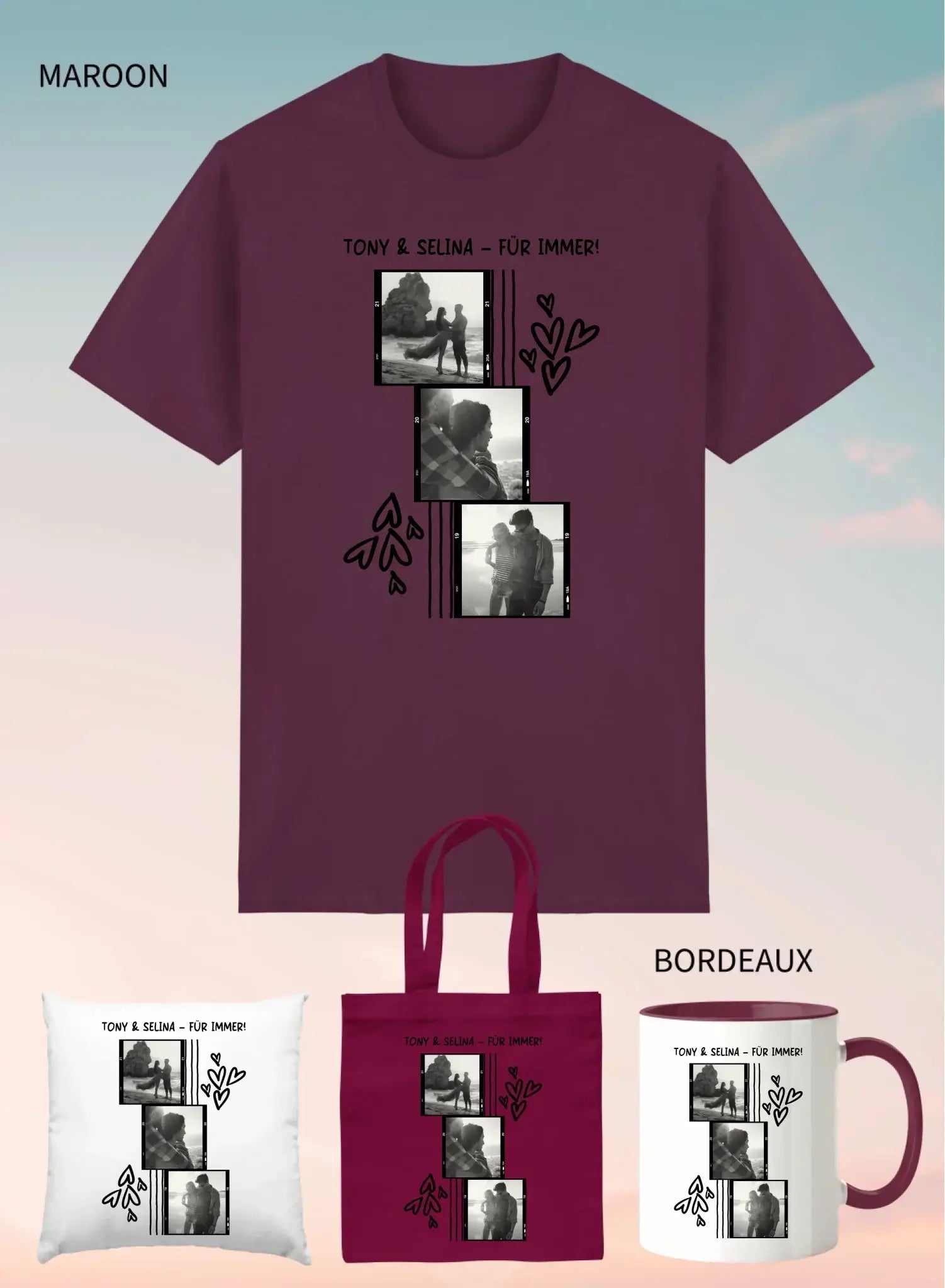 Maroon unisex t-shirt mit schwarzer weißer fotocollage von zwei personen herzmotiven und text tony & selina für immer