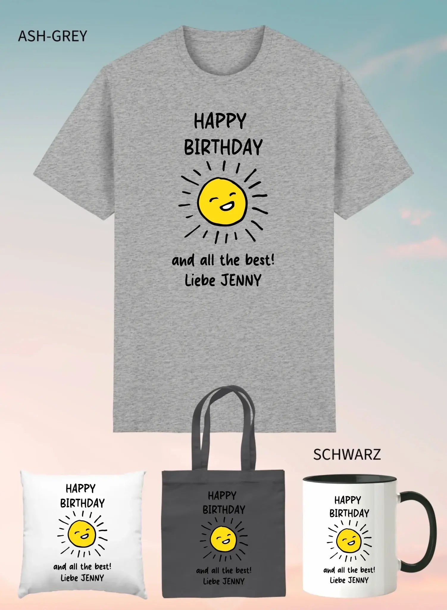 Ash-grey unisex t-shirt with cheerful yellow sun and happy birthday liebe jenny print from 4er geschenkset