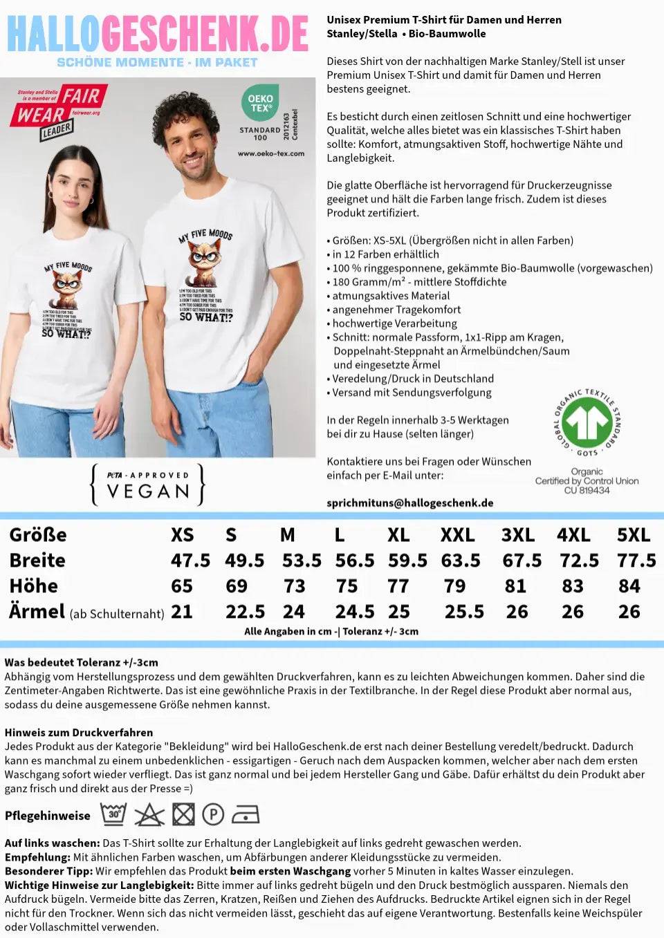 5 MOODS • Katze • Unisex Premium T-Shirt XS-5XL aus Bio-Baumwolle für Damen & Herren • Exklusivdesign • personalisiert