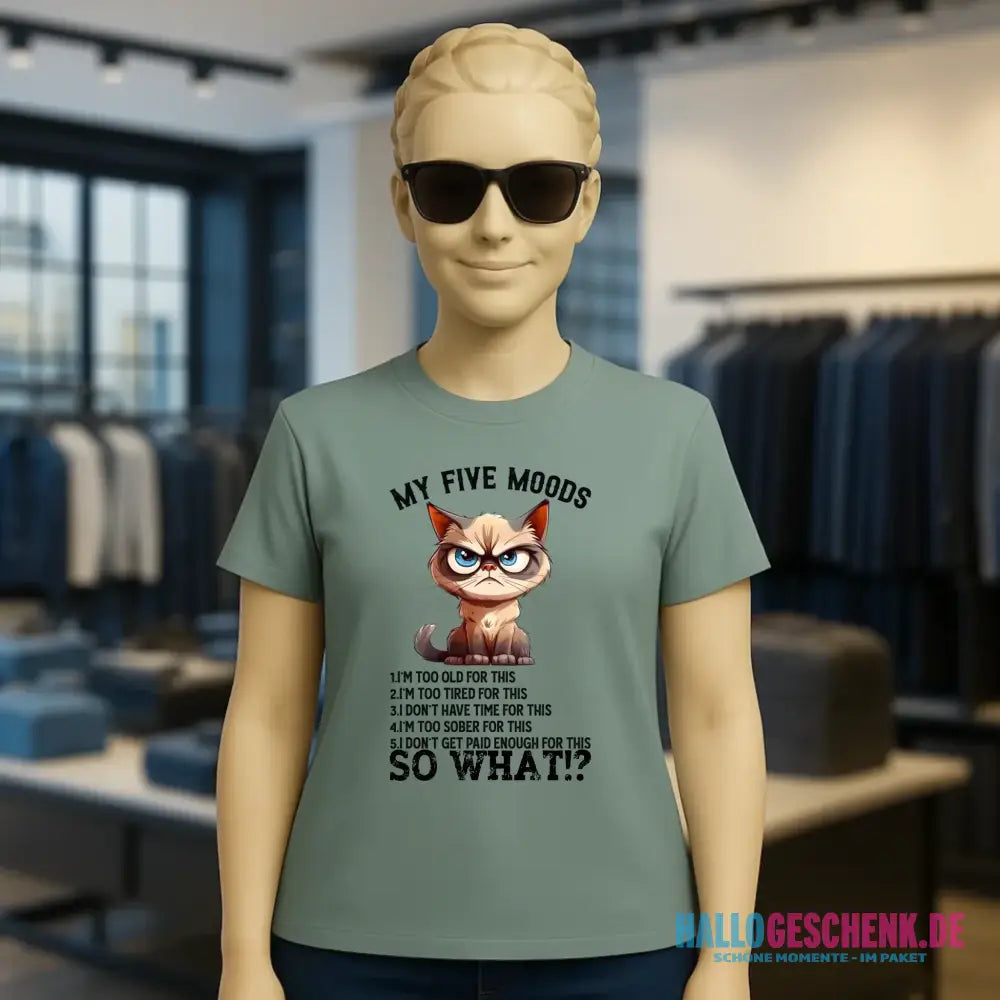 5 MOODS • Katze • Ladies Premium T-Shirt XS-2XL aus Bio-Baumwolle für Damen • Exklusivdesign • personalisiert