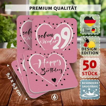 50 Bierdeckel Geburtstag Schon wieder 29 Herz Pink