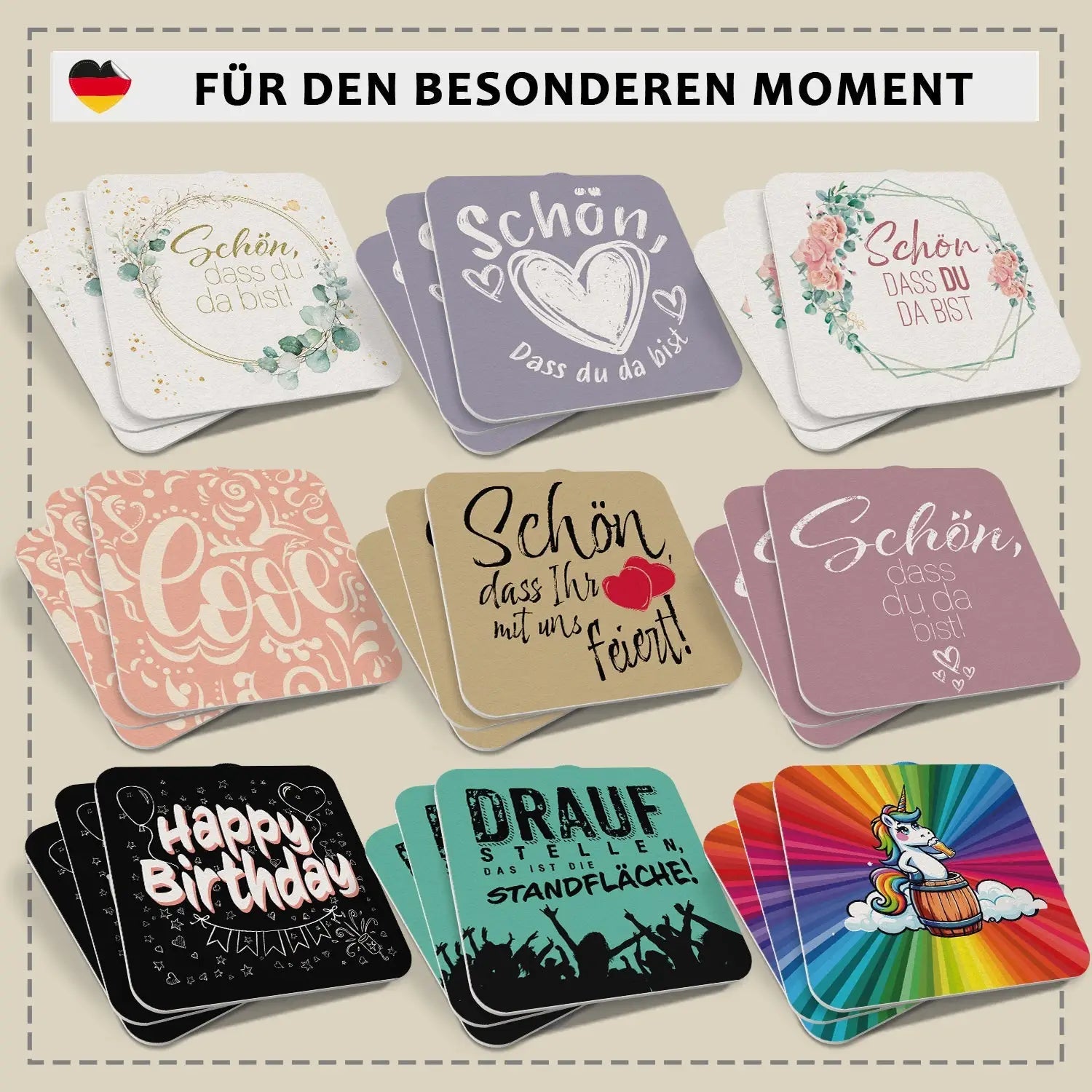 50 Bierdeckel Hochzeit Schön dass du da bist - Romantische Tischdeko Untersetzer