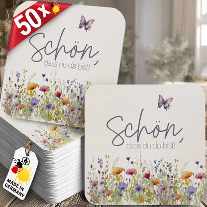 50 Bierdeckel Schön dass du da bist Floral Butterfly Wildblumen