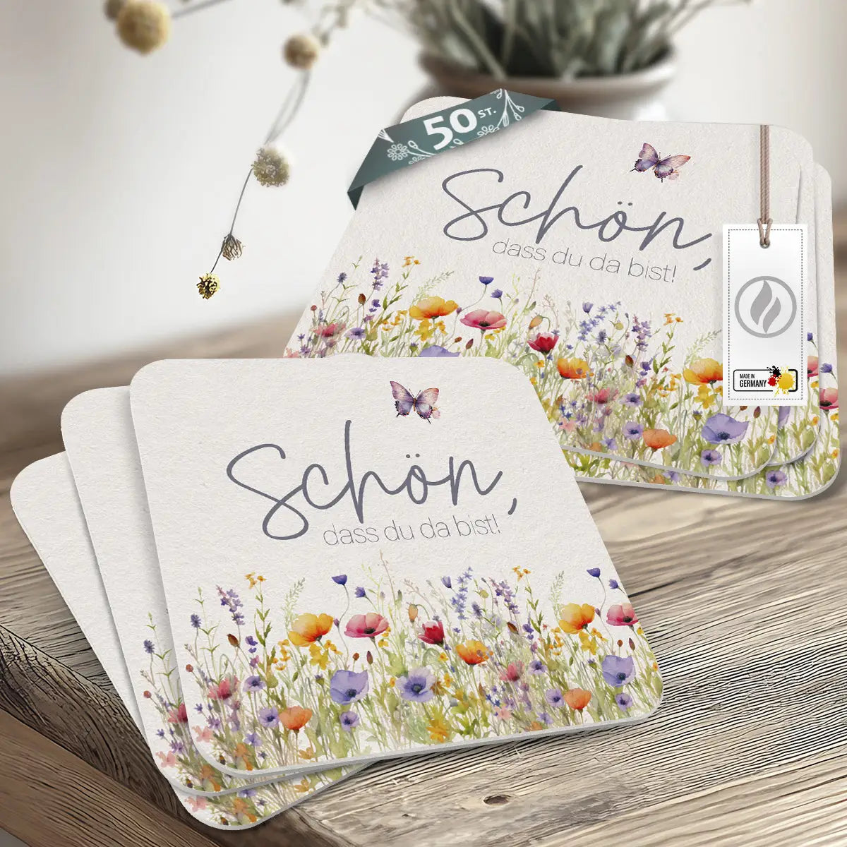 50 Bierdeckel Schön dass du da bist Floral Butterfly Wildblumen