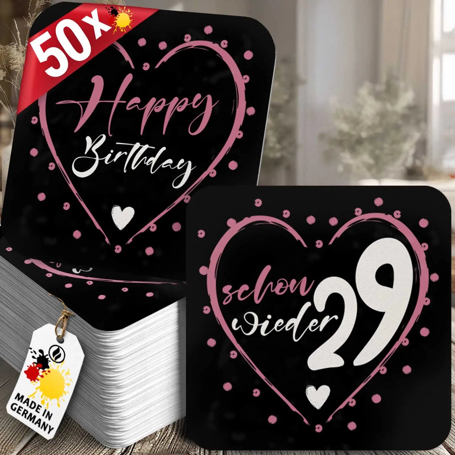 50 lustige Bierdeckel Geburtstag schwarz pink Schon wieder 29 Party Deko Untersetzer
