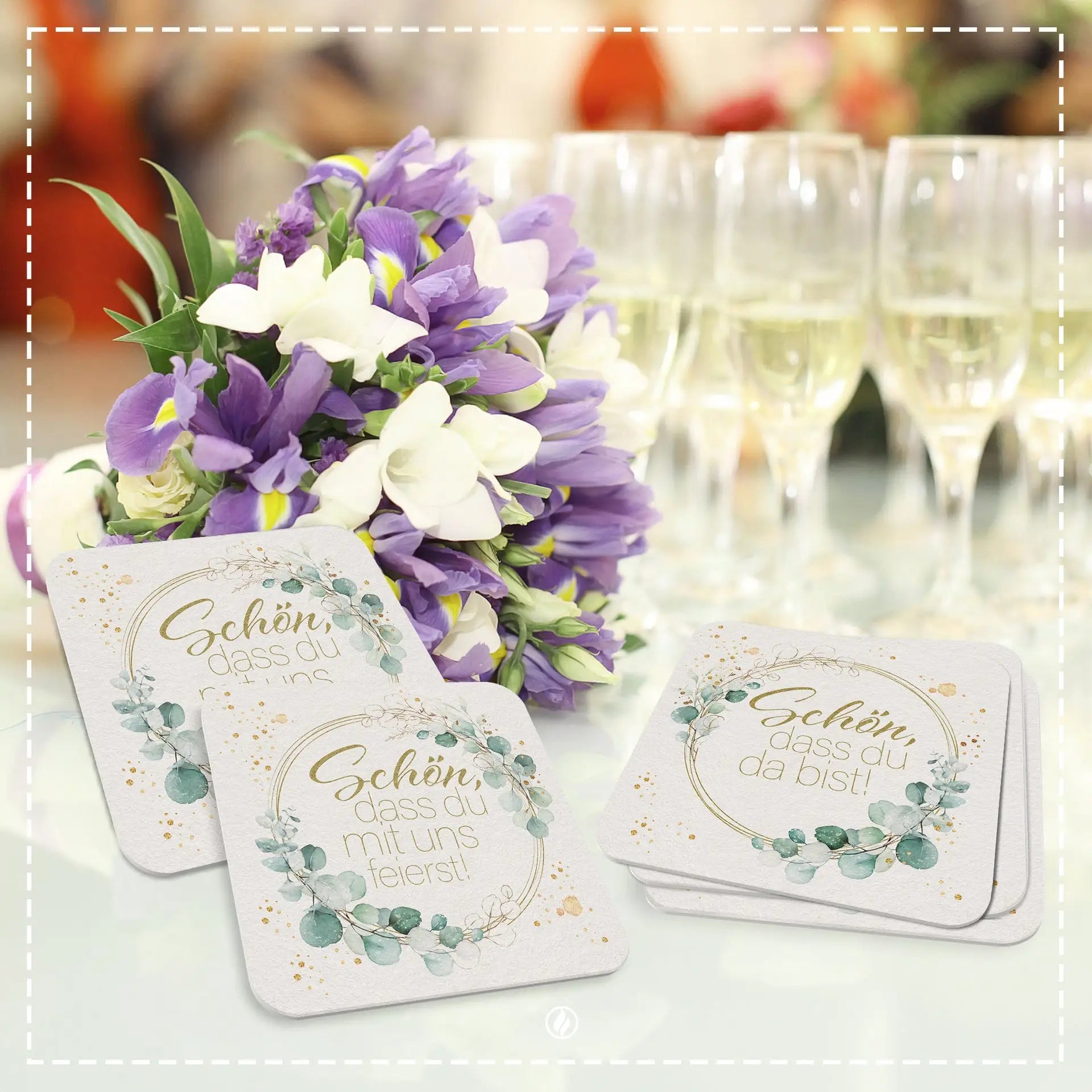 50x Bierdeckel ’Schön dass du da bist’ in Grün Floral mit Efeu