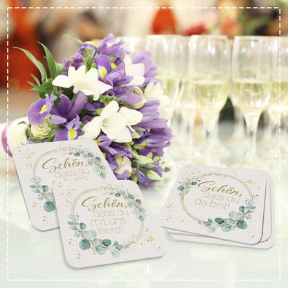 50x Bierdeckel ’Schön dass du da bist’ in Grün Floral mit Efeu